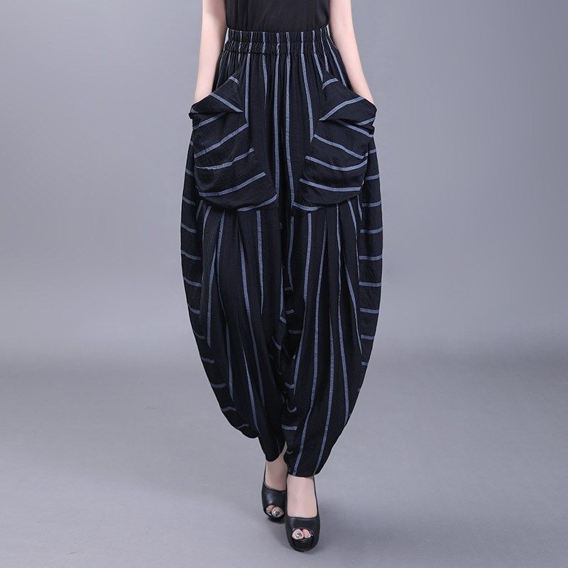文艺休闲裤夏新款条纹大码棉麻加长大档裤松紧腰遮肉显瘦哈伦裤女,女装/女士精品,休闲裤,淘宝优惠券,粉丝福利购,淘宝优惠卷