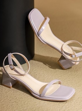 紫色斩男粗跟高跟鞋女2025年夏季新款外穿露趾一字带凉鞋通勤上班