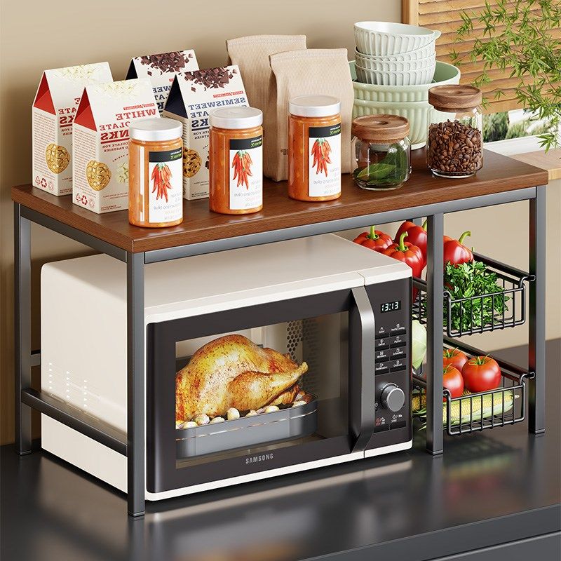 中古风微波炉架子置物架厨房台面多层烤箱空气炸锅抽屉式菜篮收纳,厨房/烹饪用具,微波炉置物架,淘宝优惠券,粉丝福利购,淘宝优惠卷