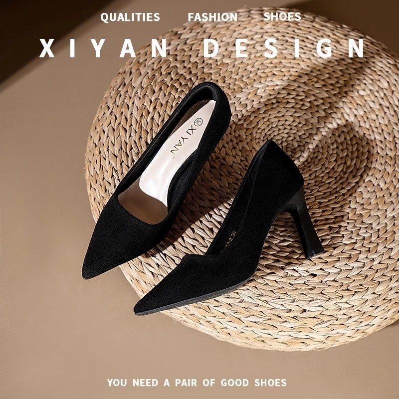 礼仪高跟鞋女绒面软底久站不累脚空乘正装通勤职业黑色工作鞋单鞋