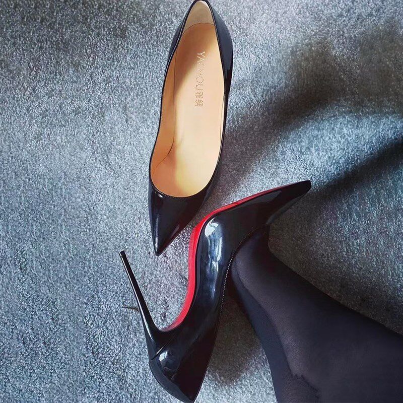 2025新款黑色细跟红底高跟鞋漆皮绒面气质法式不累脚车展高跟鞋女