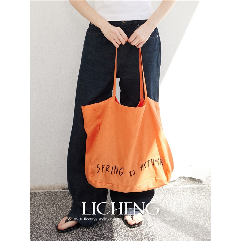 礼诚  把黄昏背在身上 100%亚麻刺绣大容量布袋包单肩布包购物袋