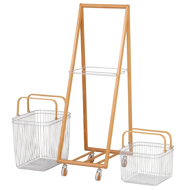实木双层脏衣篮可移动铁艺分类衣物收纳架落地式洗衣收纳筐脏衣篓