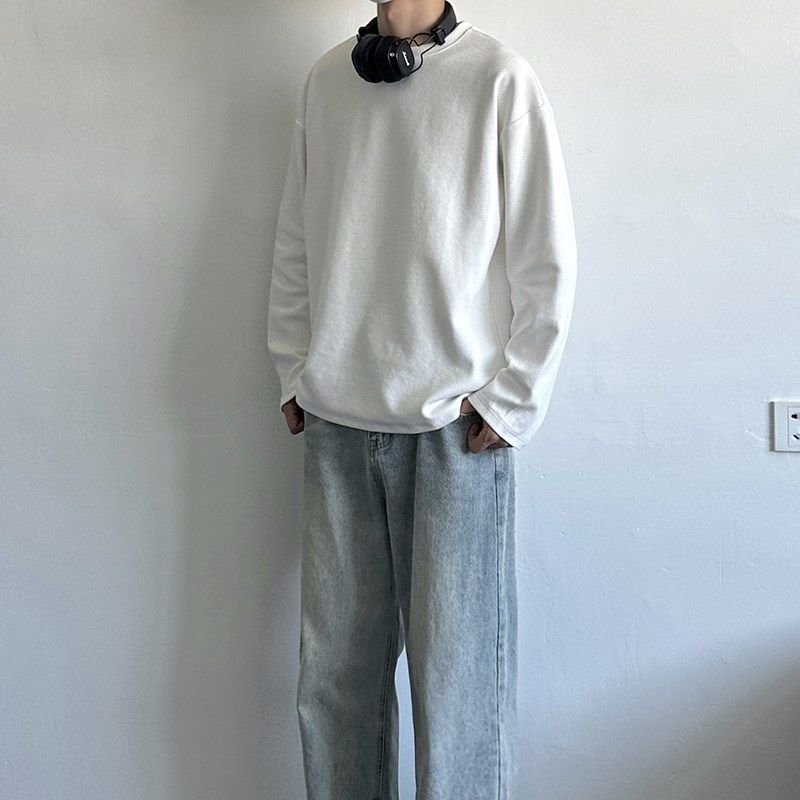 320g重磅白色圆领口袋长袖T恤男2024春秋季日系简约基础情侣拼接