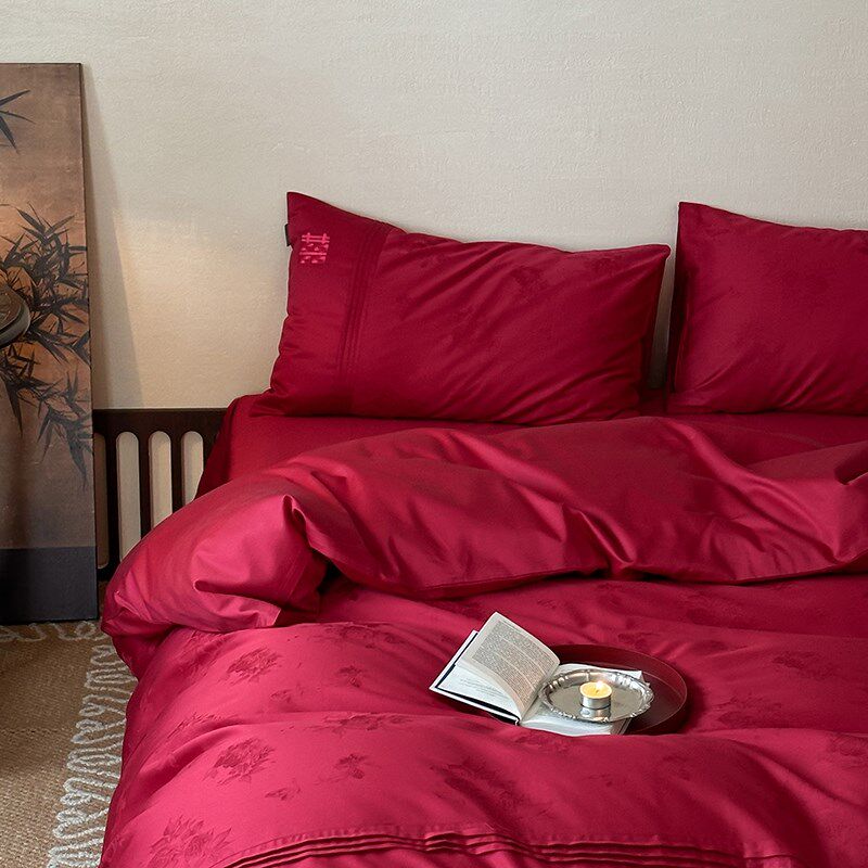 简约100支长绒棉浪漫全棉红色结婚庆四件套喜庆纯棉刺绣床上用品4