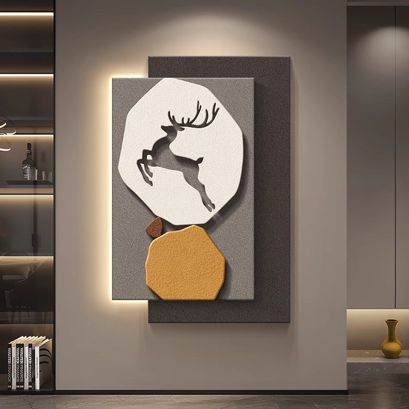 福鹿玄关带灯装饰画寓意好入户正对门挂画尽头走廊过道壁灯客厅画