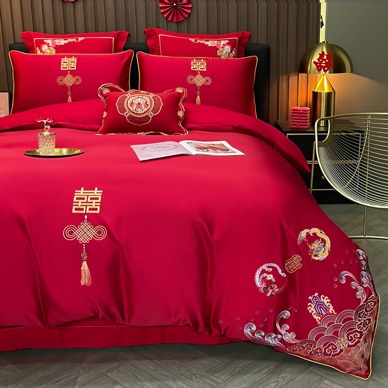 婚庆四件套喜庆大红被套全棉床单简约刺绣结婚房床上用品