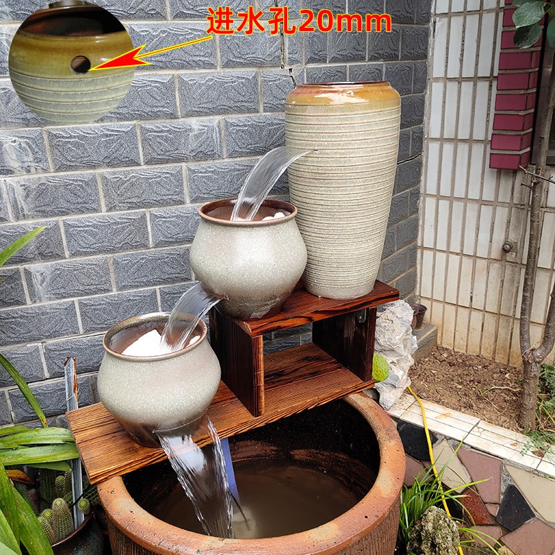 古法养鱼瀑布流水陶罐户外庭院生态鱼缸别墅鱼池循环流水摆件