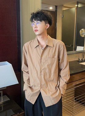 陈大富基础蓝色条纹长袖衬衫男士秋冬韩版宽松清新简约双纽扣衬衣