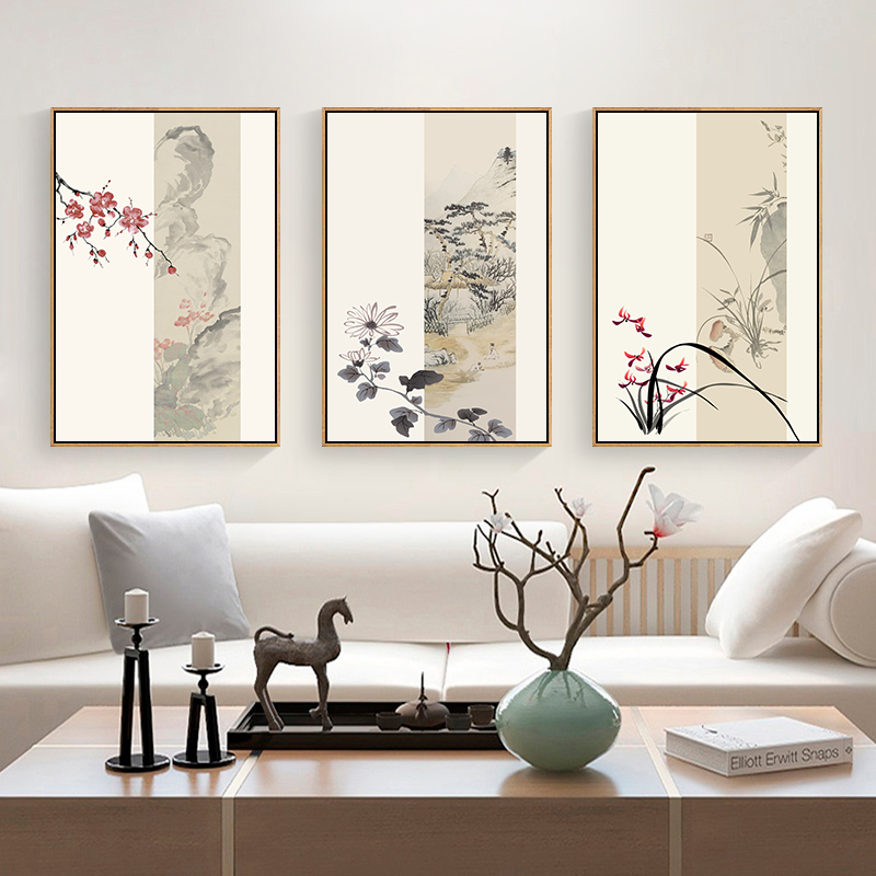 梅兰竹菊挂画新中式茶室装饰画客厅沙发背景墙挂画迎客松书房壁画