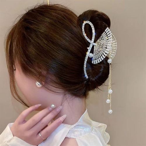 超仙扇子流苏镶钻抓夹高级感后脑勺发夹
