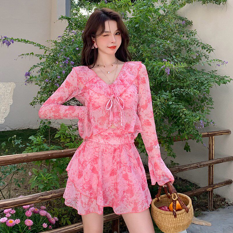 泳衣女款夏分体微胖女孩遮肉长w袖罩衫海边度假三件套2024新款泳