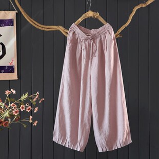 素雅百搭纯色系带松紧腰宽筒裤女2025夏慵懒凉爽亚麻阔腿裤九分裤