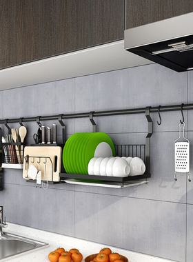 黑色厨房用品置物架 304不锈钢沥水碗架刀架壁挂式筷子调味料收纳