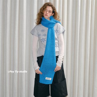 feytiy 大棒针定制蓝纯色时髦毛线围G巾女 秋冬25新款保暖百搭围