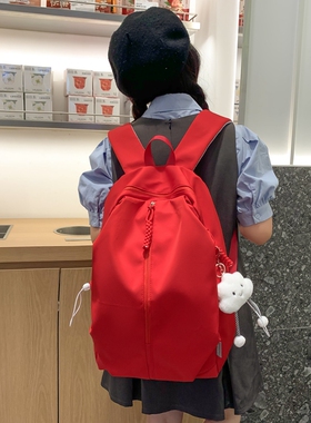 红色书包女2024新款双肩包大学生大红色红背包轻便旅X行旅游肩包