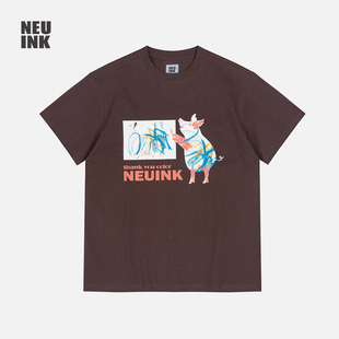 T恤男女同款 Neuink 猪加索联名字母印花简约纯棉宽松百搭圆领短袖