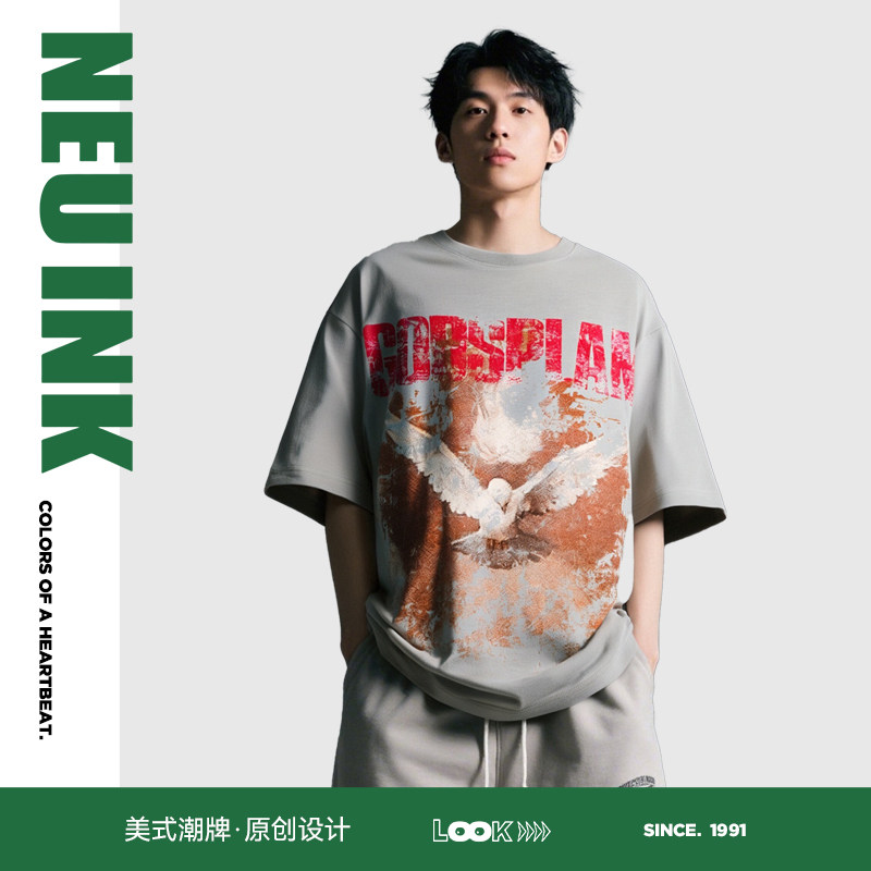 Neuink美式重磅纯棉t恤潮牌男女情侣短袖上衣纯棉vintage设计感潮