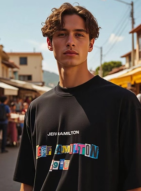 Neuink jeff hamilton美式女男高黑色通勤纯棉短袖t恤拼接印花夏