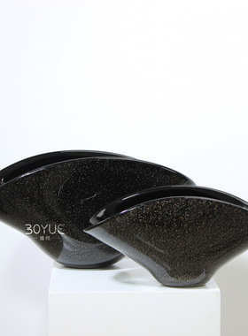 现代轻奢极简黑色金粉扁口琉璃果盘样板间售楼处软装饰品家居摆件