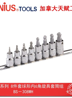 Genius天赋3/8″10mm系列8件套球形内6角旋具套筒组BS-308WH