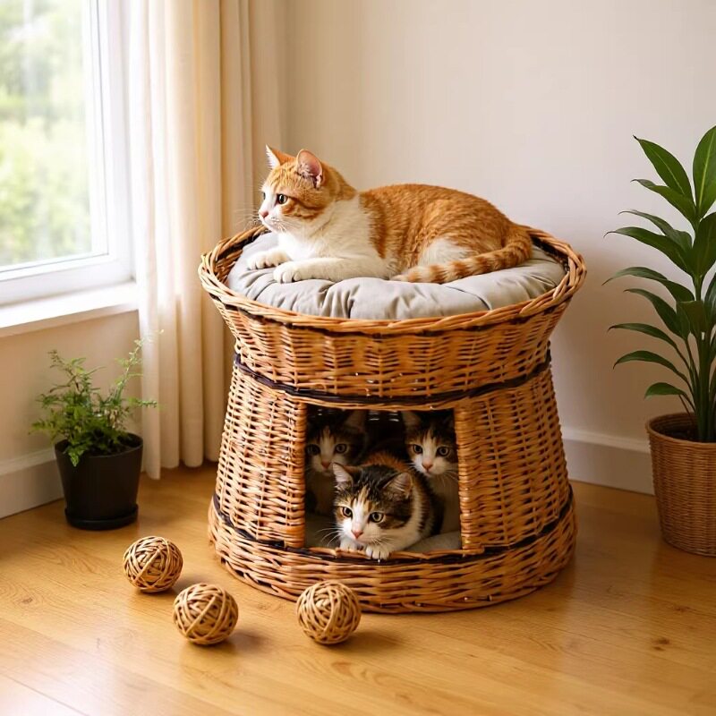 定制宠物猫窝柳编双层猫篮藤编猫窝猫咪筐带可拆卸垫子