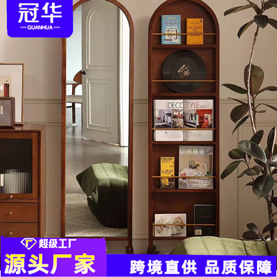 复古试衣镜卧室橡胶木全身镜双面落地式杂志架客厅装饰实木穿衣镜
