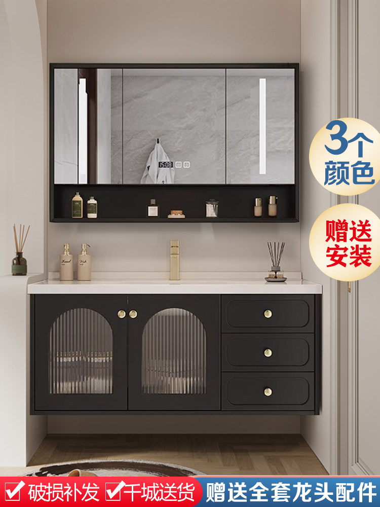 橡木烤漆法式浴室柜组合一体陶瓷盆卫生间洗脸柜黑色智能镜柜田园