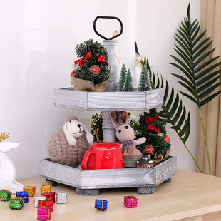 美式乡村复古双层托盘做旧风格多边形木质双层置物架 木制干果盘