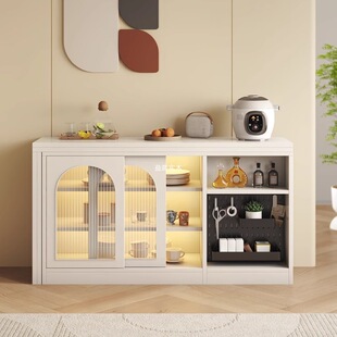 奶油风多功能旋转家用小户型可折叠实木餐桌餐边柜酒柜一体饭桌子