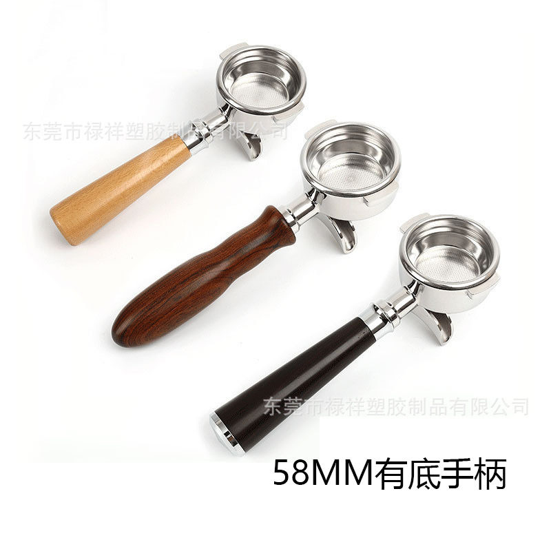 意式爱宝E61咖啡机手柄 58mm有底双嘴不锈钢咖啡萃取手柄实木手柄