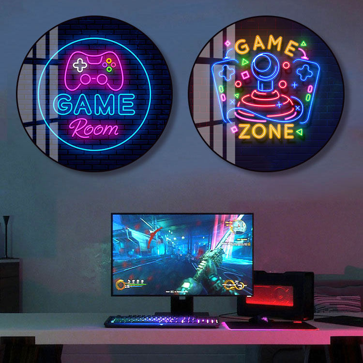 潮流电竞酒店房间挂画网吧网咖游戏圆形装饰画游戏机室电竞房壁画