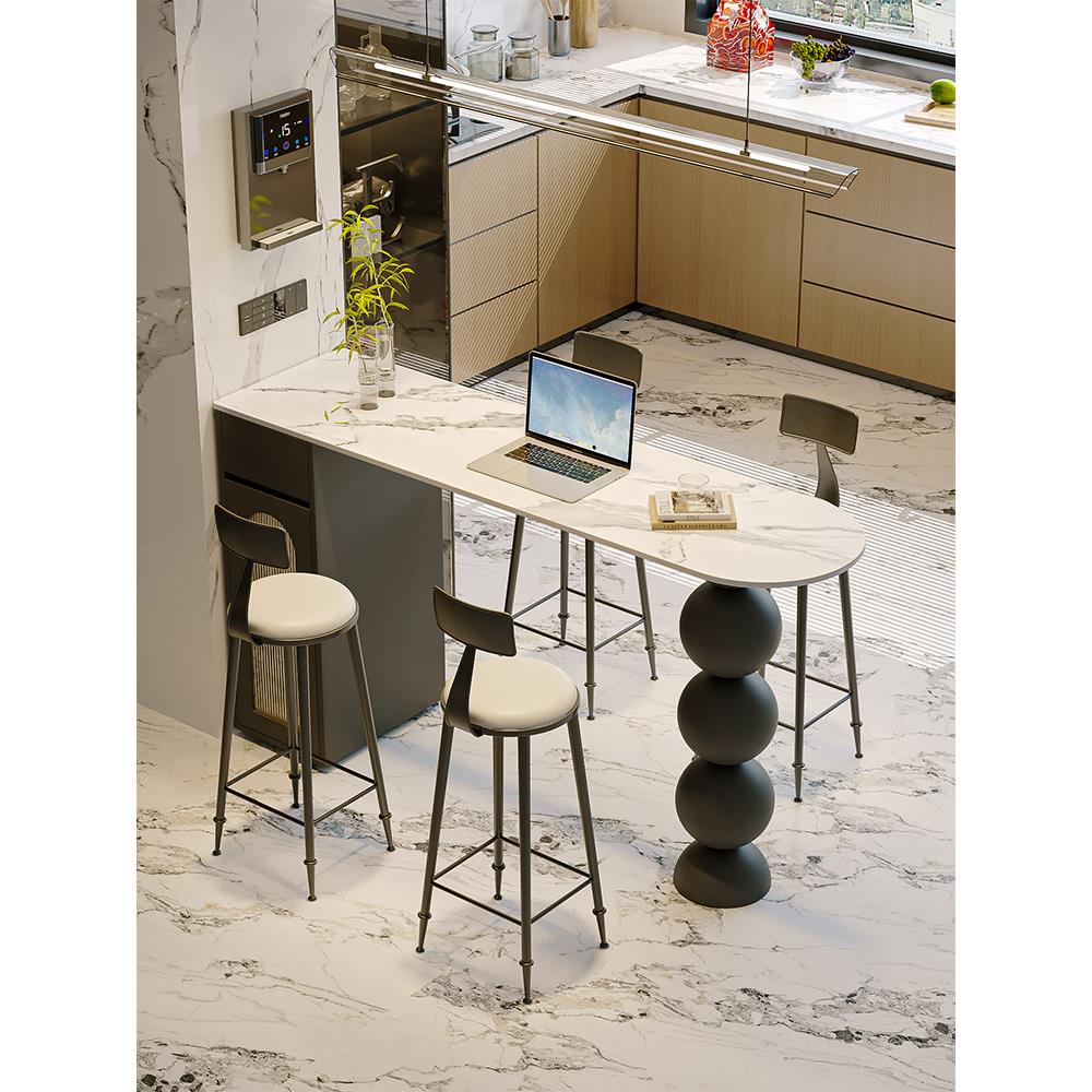 中古风岩板吧台桌家用厨房隔断桌黑色高脚桌带柜子开放式球体长桌