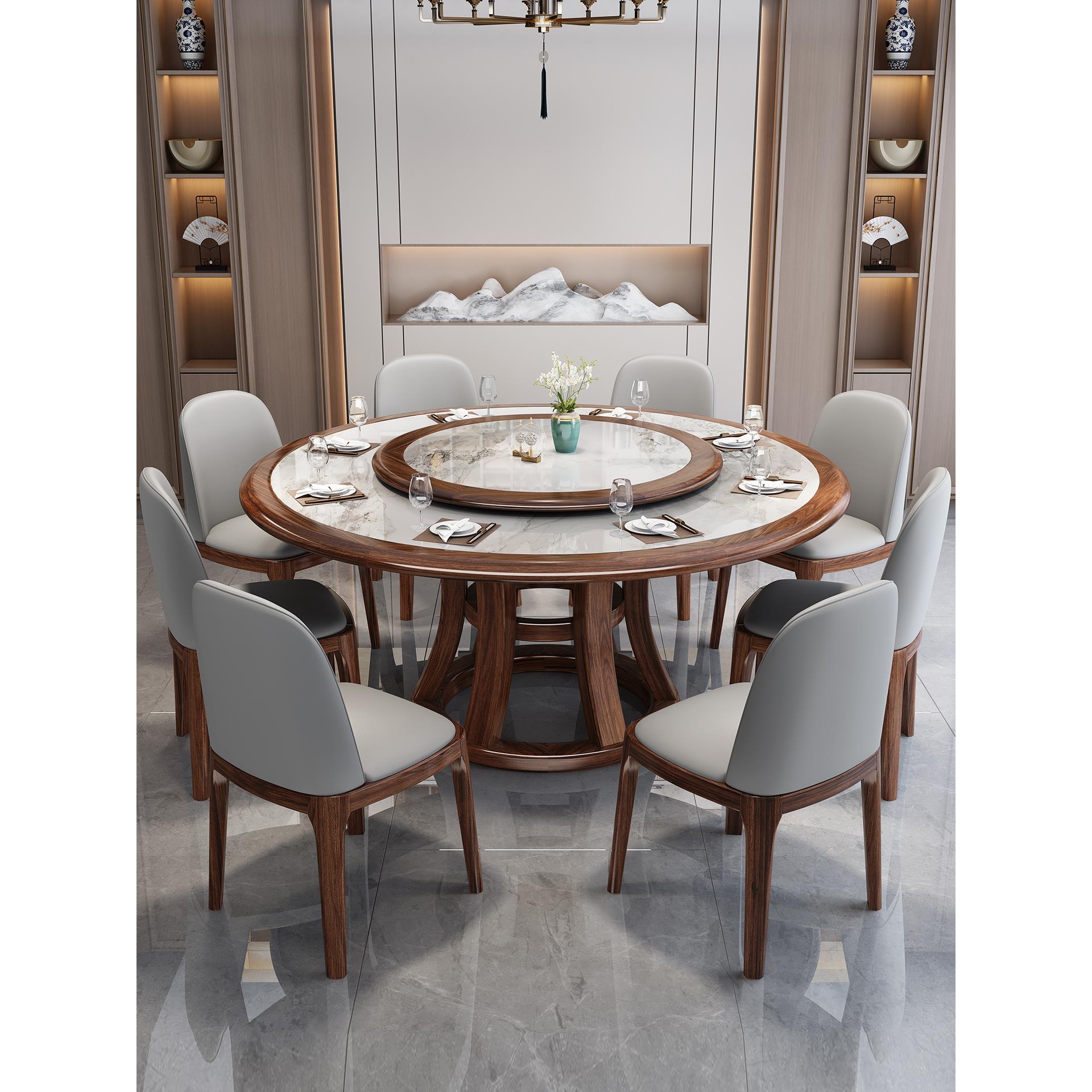 新中式全实木岩板餐桌椅组合餐厅家用带转盘大圆桌乌金木吃饭桌子