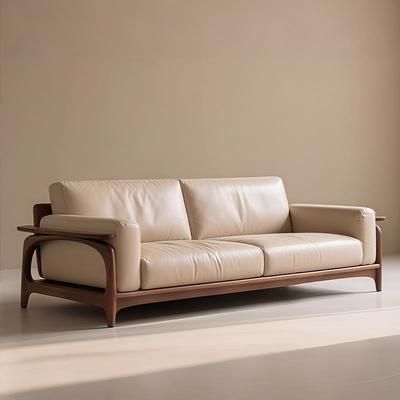 中古风实木真皮沙发客厅小户型2025新款高端胡桃木三人位直排沙发