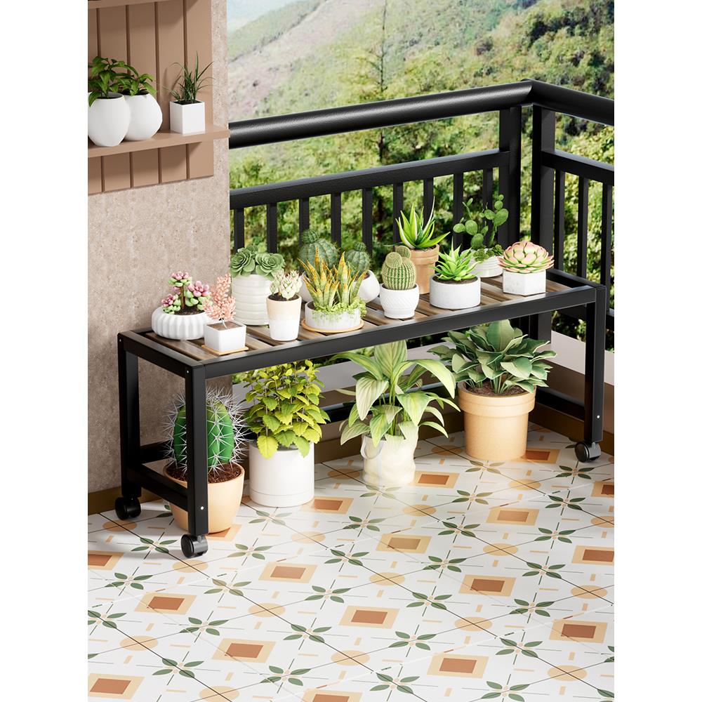 阳台花架可移动带轮花盆摆放架客厅落地式多肉植物铁木凳型置物架