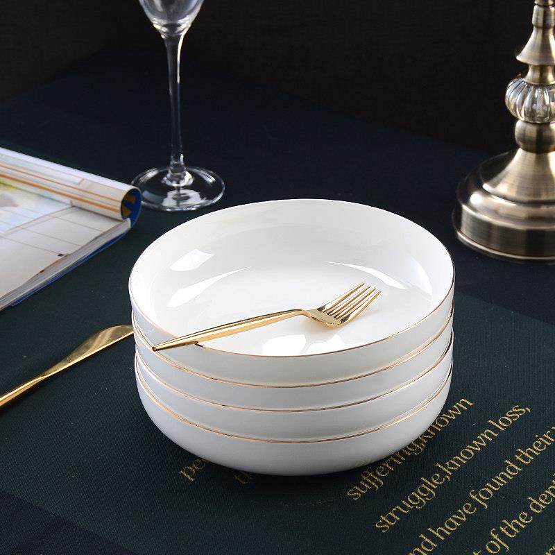 金边盘子4个装 家用骨瓷盘子餐具7英寸饭盘汤盘欧式简约陶瓷盘子,餐饮具,盘,淘宝优惠券,粉丝福利购,淘宝优惠卷
