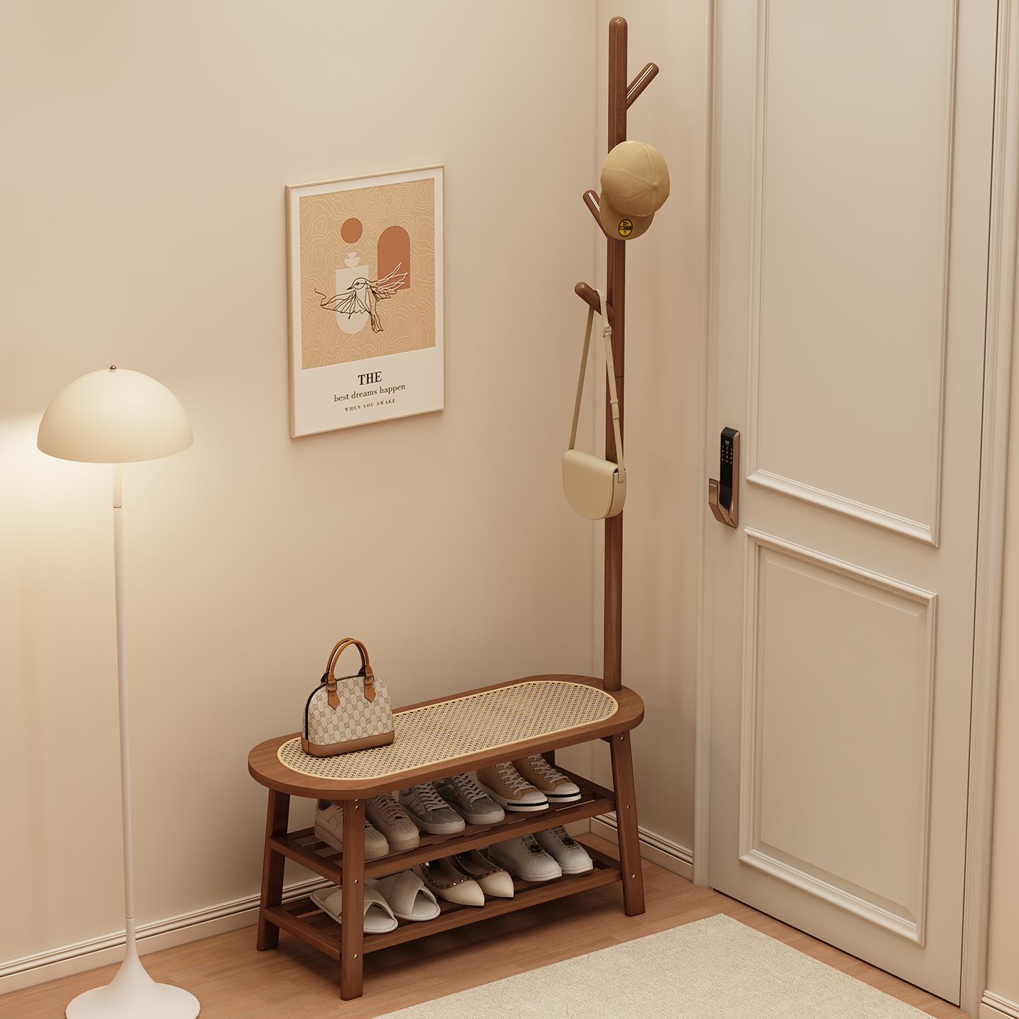 实木藤编换鞋凳挂衣架一体家用门口可坐鞋柜穿鞋凳子入户门衣帽架