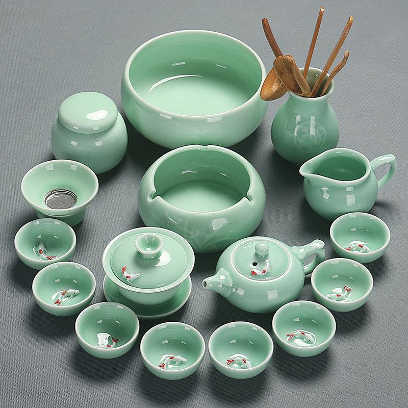 景德镇青瓷功夫茶具套装家用办公简约盖碗茶壶鱼杯茶洗茶道托盘陶