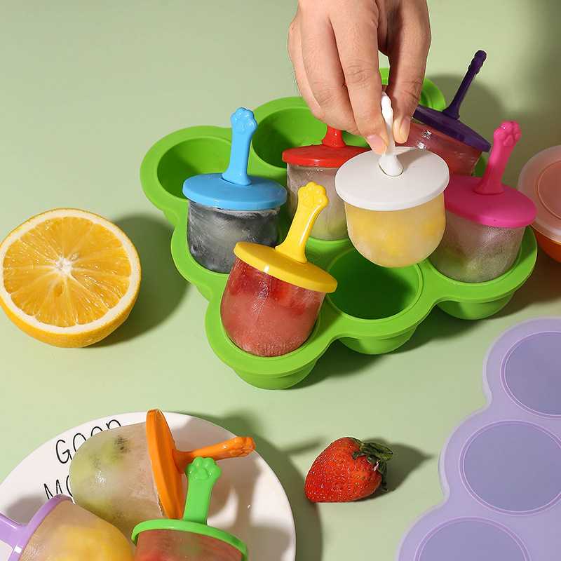 新款直销9彩冰棍9孔硅胶宝宝婴儿儿童辅食保鲜储存盒烘焙冰格模具