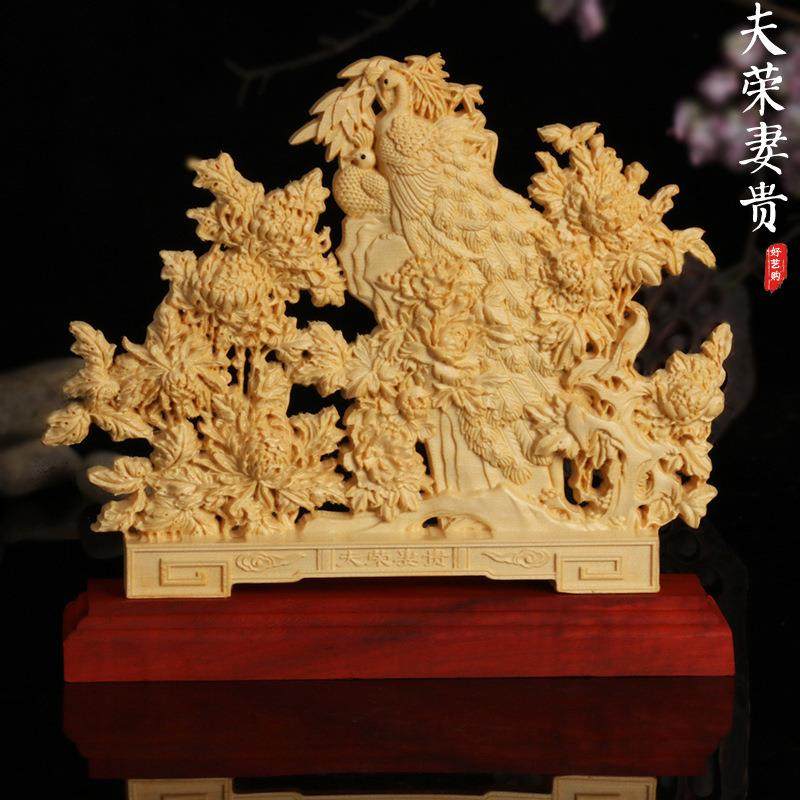 慧仙旺黄杨木夫荣妻贵精细琢摆件 家居客厅收藏送礼摆设木质工艺