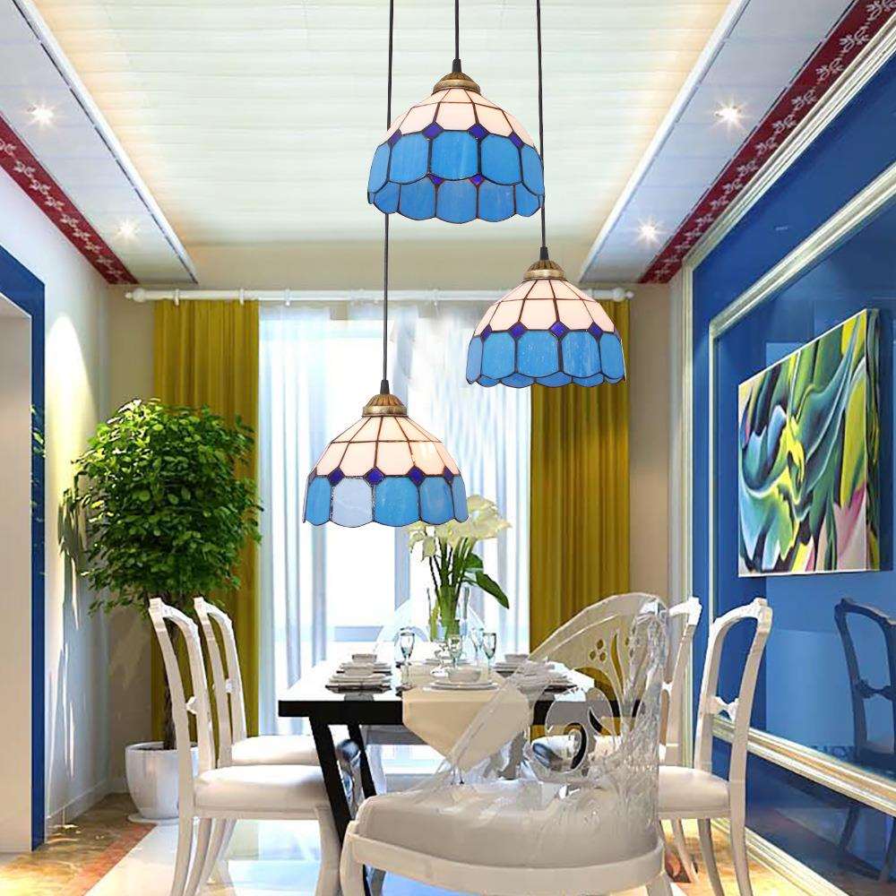 地中海风格蓝色简约温馨客厅卧室书房餐厅灯儿童房灯玻璃3头吊灯