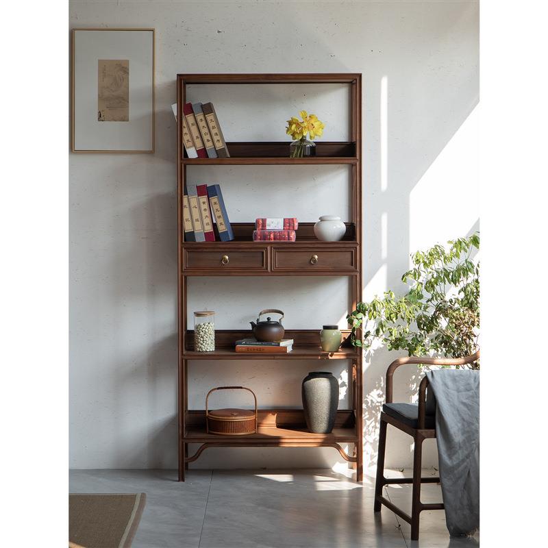 新中式黑胡桃木书架实木书柜展柜禅意茶架置物架古老榆木收纳柜