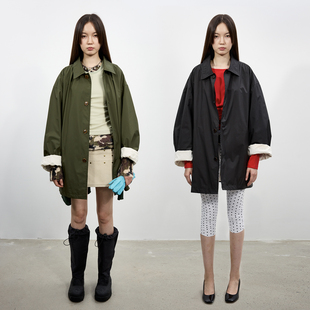 antenna effect 复古秋季新款宽松廓形翻领袖口翻边外套风衣