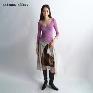 antenna effect v领拼接蕾丝边中袖复古简约修身微透网纱上衣