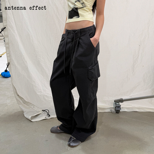 antenna effect复古纯棉水洗做旧腰头抽绳宽松工装裤直筒休闲裤