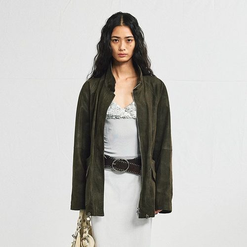 antenna effect春季巴恩风麂皮绒质感腰间抽绳夹克宽松复古外套