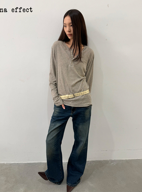 antenna effect 复古经典亨利领扣子宽松v领长袖纯棉打底衫上衣