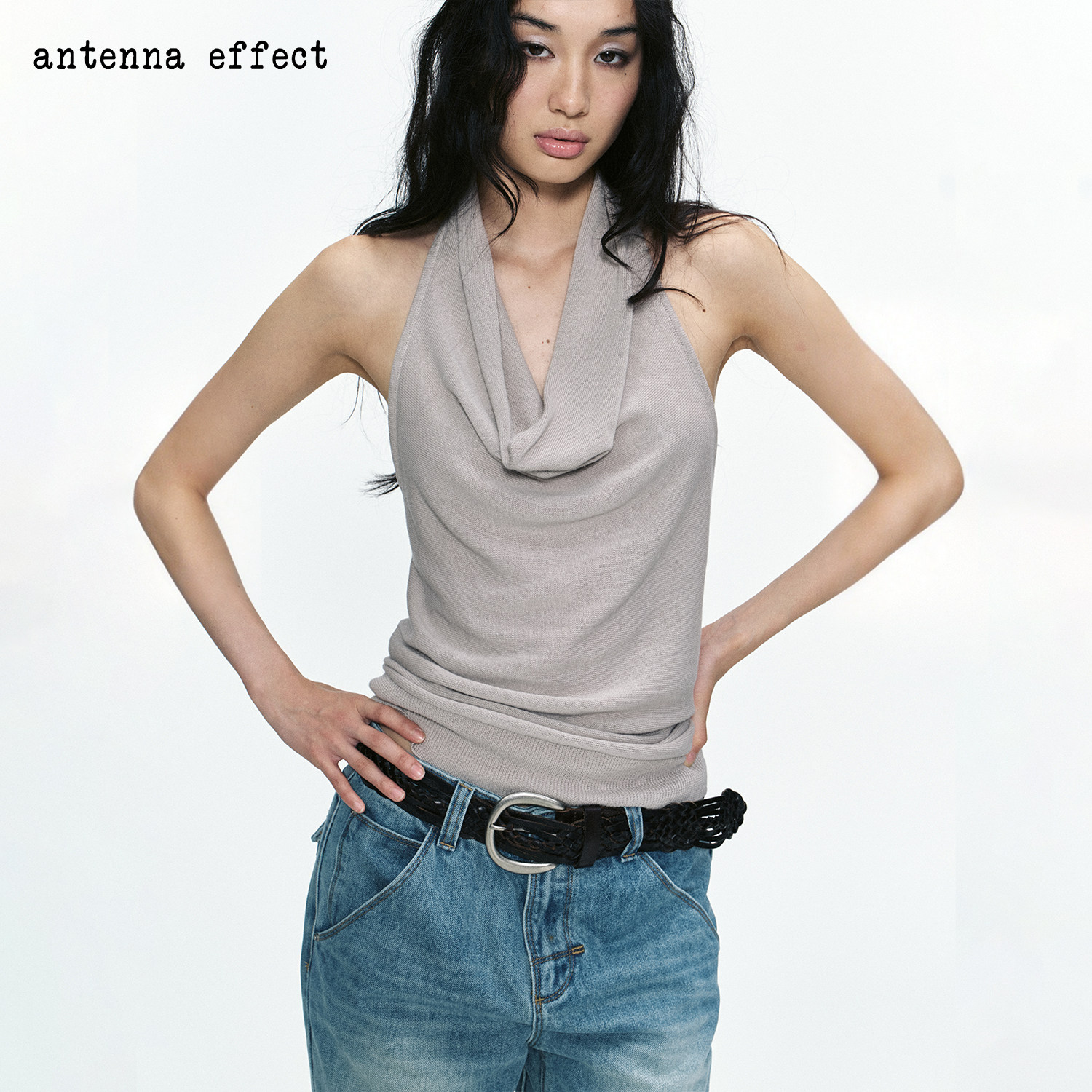 antenna effect 复古荡领麻花扭绳漏背慵懒松弛无袖棉麻吊带背心