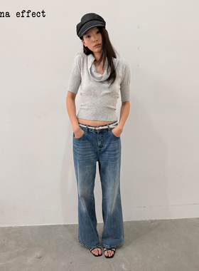 antenna effect 复古荡领五分袖松弛氛围感修身收腰内搭针织上衣